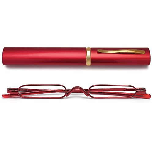 VEVESMUNDO Lesebrille Schmal Mini Klein Metall Lesehilfe Sehhilfe Brille mit Etui für Unterwegs Herren Damen (Rot, 1.5) von VEVESMUNDO