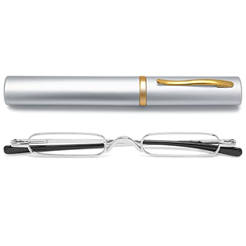VEVESMUNDO Lesebrille Schmal Mini Klein Metall Lesehilfe Sehhilfe Brille mit Etui für Unterwegs Herren Damen (Silber, 2.25) von VEVESMUNDO