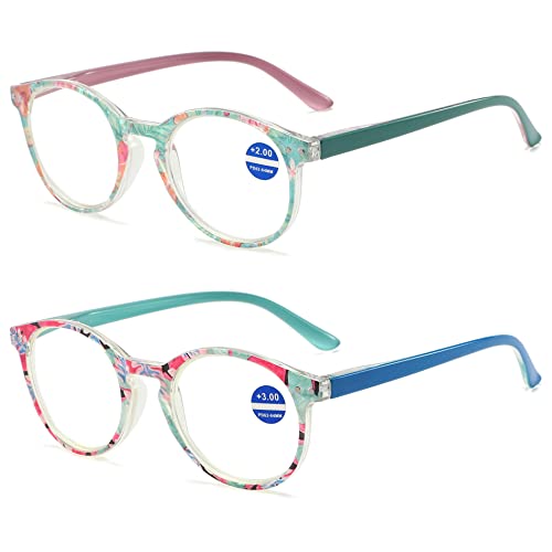 VEVESMUNDO Anti Blaulicht Damen Lesebrille Blaulichtfilter Blumen Vintage kunststoff Weitsichtigkeit Lesehilfe Brillen +1.0,+1.5,+2.0,+2.5,+3.0,+3.5,+4.0 2 Stück Lesebrillen(Blau+Grün), 2.5 von VEVESMUNDO