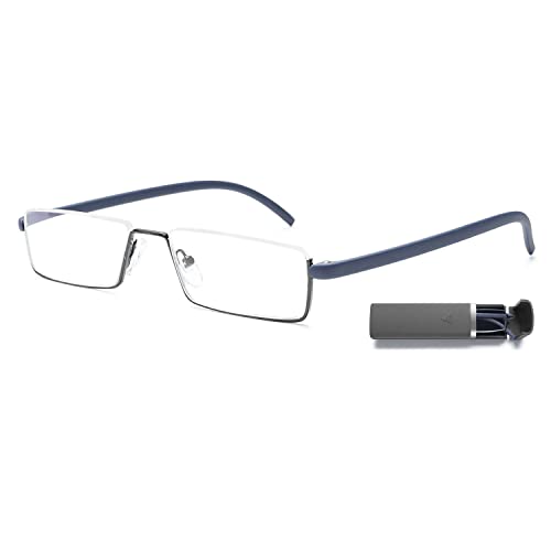 VEVESMUNDO Anti Blaulicht Lesebrille mit Etui Metall TR90 Flexibel Leicht Kleine Halbrand Sehhilfe Lesehilfe Brille für Herren Damen(1 Stück Grau Lesebrille mit Hülle, 1.25) von VEVESMUNDO