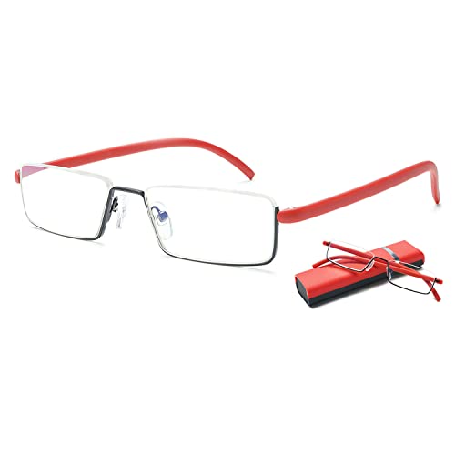 VEVESMUNDO Anti Blaulicht Lesebrille mit Etui Metall TR90 Flexibel Leicht Kleine Halbrand Sehhilfe Lesehilfe Brille für Herren Damen(1 Stück Rot Lesebrille mit Hülle, 1.25) von VEVESMUNDO