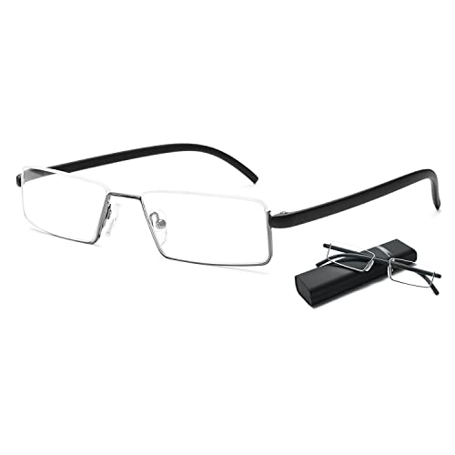 VEVESMUNDO Anti Blaulicht Lesebrille mit Etui Metall TR90 Flexibel Leicht Kleine Halbrand Sehhilfe Lesehilfe Brille für Herren Damen(1 Stück Schwarz Lesebrille mit Hülle, 1.5) von VEVESMUNDO