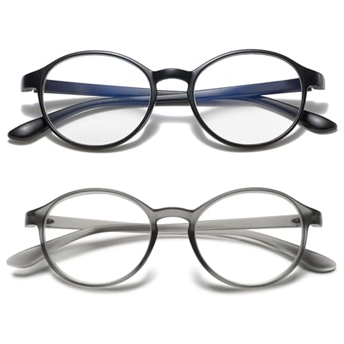 VEVESMUNDO Anti blaulicht Lesebrillen Damen Herren Modern Runde Flexibel Computerbrille Blaulichtblockierend Lesehilfe Sehhilfe Blaulichtfilter Brille (2 Stück Set(Matt Schwarz+Grau), 2.0) von VEVESMUNDO