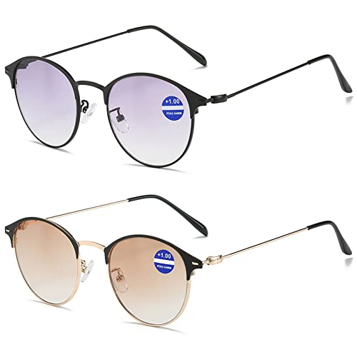 VEVESMUNDO Bifokale Lesebrille Herren Damen Retro Runde Sonnelesebrille Gleitsichtbrille Blaulichtfilter Sehhilfe Lesehilfe Brillen mit sehstärke +1.0 1.5 2.0 2.5 3.0 3.5 4.0(2 Farbe Set, 1.0) von VEVESMUNDO