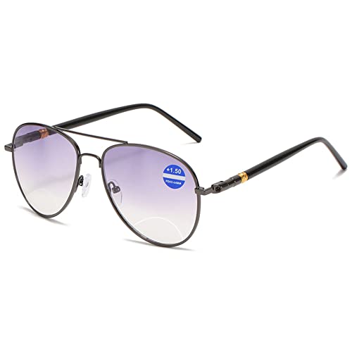 VEVESMUNDO Bifokale Lesebrille Sonnelesebrille Gleitsichtbrille Pilotenbrille Metall Blaulichtfilter Sehhilfe Lesehilfe Herren Damen Brillen +1.0 1.5 2.0 2.5 3.0 3.5 4.0(Grau, 2.0) von VEVESMUNDO