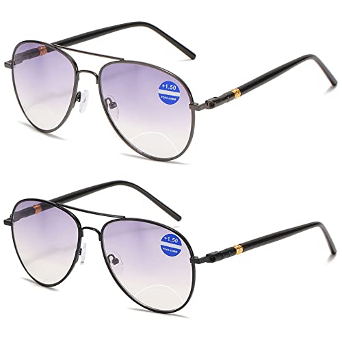 VEVESMUNDO Bifokale Lesebrille Sonnelesebrille Gleitsichtbrille Pilotenbrille Metall Blaulichtfilter Sehhilfe Lesehilfe Herren Damen Brillen +1.0 1.5 2.0 2.5 3.0 3.5 4.0(Schwarz+Grau, 3.0) von VEVESMUNDO