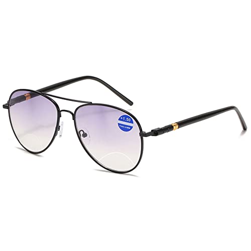 VEVESMUNDO Bifokale Lesebrille Sonnelesebrille Gleitsichtbrille Pilotenbrille Metall Blaulichtfilter Sehhilfe Lesehilfe Herren Damen Brillen +1.0 1.5 2.0 2.5 3.0 3.5 4.0(Schwarz, 1.0) von VEVESMUNDO