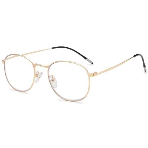 VEVESMUNDO Blaulichtfilter Brille Herren Damen Metall Retro Dekobrille Brillenfassung Anti Blaulicht Computerbrille Ohne Sehstärke (1 Stück Gold Lesebrille) von VEVESMUNDO