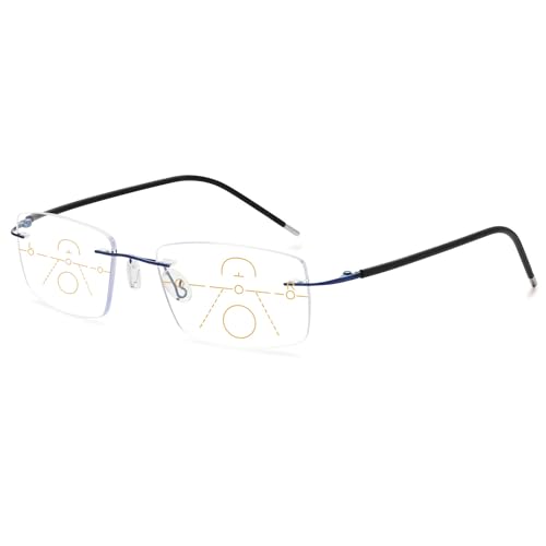 VEVESMUNDO Blaulichtfilter Gleitsichtbrille Lesebrille Randlos Titan Metall Ultraleicht Multifocus Progressive Anti Blaulicht Sehhilfe Lesehilfe Brillen für Herren Damen (1 Stück Blau, 1.0) von VEVESMUNDO