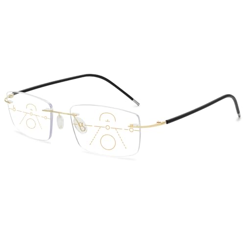 VEVESMUNDO Blaulichtfilter Gleitsichtbrille Lesebrille Randlos Titan Metall Ultraleicht Multifocus Progressive Anti Blaulicht Sehhilfe Lesehilfe Brillen für Herren Damen (1 Stück Gold, 1.5) von VEVESMUNDO