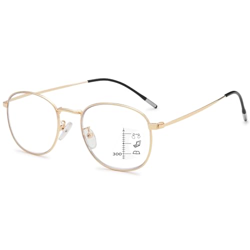 VEVESMUNDO Blaulichtfilter Lesebrille Gleitsichtbrille Multifokale Progressive Metall Anti Blaulicht Herren Damen Lesehilfen Sehhilfe Brillen mit Stärke (1 Stück Gold Gleitsichtlesebrille, 1.5) von VEVESMUNDO