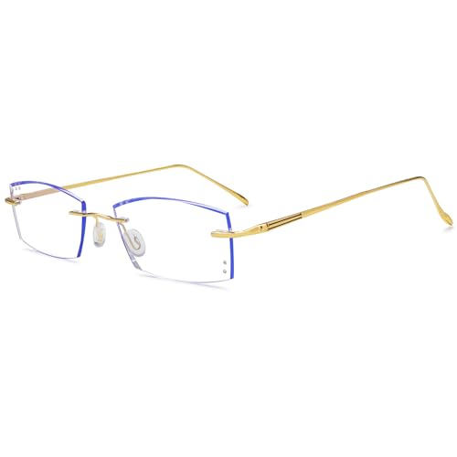 VEVESMUNDO Blaulichtfilter Lesebrille Randlos Herren Damen Metall Rechteckig Anti Blaulicht Lesehilfe Sehhilfe Brille +1.0,+1.5,+2.0,+2.5,+3.0,+3.5,+4.0 (1 Stück Gold Lesebrille, 4.0) von VEVESMUNDO