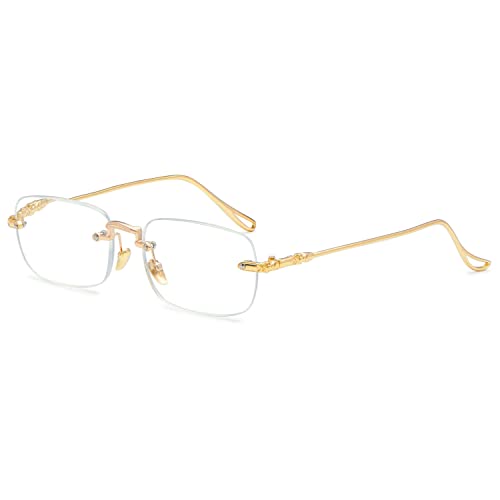 VEVESMUNDO Blaulichtfilter Lesebrillen Metall Randlos Modern Groß Anti blaulicht Brille für Damen Herren (1 Stück Gold Lesebrille, 3.0) von VEVESMUNDO