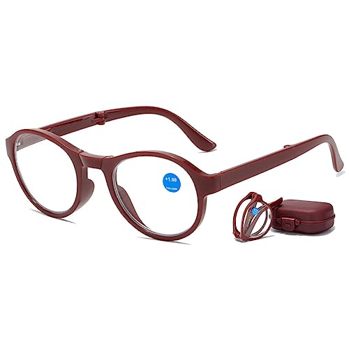 VEVESMUNDO Blaulichtfilter Runde Lesebrille Faltbare Klappbar Faltbrillen klappbrille Herren Damen Kleine Kompakte Lesehilfe Sehhilfe Brillen mit Etui (1 Stück Rot - Anti Blaulicht, 1.0) von VEVESMUNDO