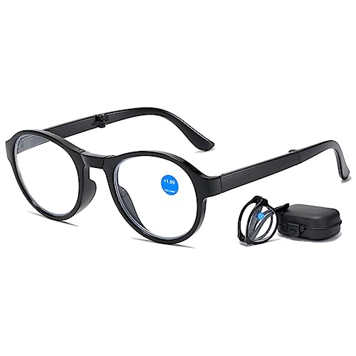 VEVESMUNDO Blaulichtfilter Runde Lesebrille Faltbare Klappbar Faltbrillen klappbrille Herren Damen Kleine Kompakte Lesehilfe Sehhilfe Brillen mit Etui (1 Stück Schwarz - Anti Blaulicht, 3.5) von VEVESMUNDO