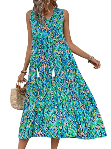 VEVESMUNDO Damen Ärmellos Sommerkleid Leicht Blumenkleid V-Ausschnitt Urlaubskleid Strandkleid Freizeitkleider Boho Lang Kleider Sommer Kleid mit Quasten (Dunkelblau,XL) von VEVESMUNDO