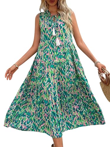 VEVESMUNDO Damen Ärmellos Sommerkleid Leicht Blumenkleid V-Ausschnitt Urlaubskleid Strandkleid Freizeitkleider Boho Lang Kleider Sommer Kleid mit Quasten (Grün,XL) von VEVESMUNDO