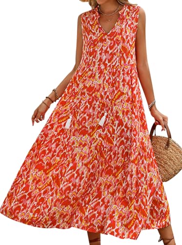 VEVESMUNDO Damen Ärmellos Sommerkleid Leicht Blumenkleid V-Ausschnitt Urlaubskleid Strandkleid Freizeitkleider Boho Lang Kleider Sommer Kleid mit Quasten (Orange,L) von VEVESMUNDO