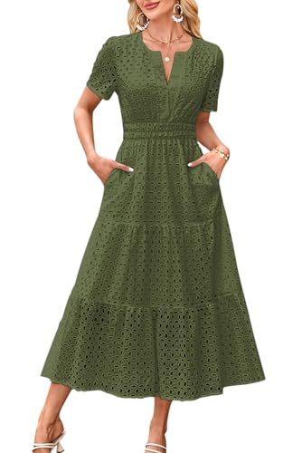 VEVESMUNDO Damen Baumwolle Sommerkleid Freizeitkleid Blusenkleid A-Linie Kleider Casual Kurzarm Langes Kleid mit Taschen (Armeegrün,XS) von VEVESMUNDO