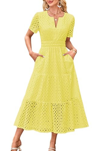 VEVESMUNDO Damen Baumwolle Sommerkleid Freizeitkleid Blusenkleid A-Linie Kleider Casual Kurzarm Langes Kleid mit Taschen (Gelb,L) von VEVESMUNDO