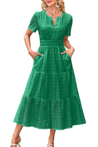VEVESMUNDO Damen Baumwolle Sommerkleid Freizeitkleid Blusenkleid A-Linie Kleider Casual Kurzarm Langes Kleid mit Taschen (Grün,M) von VEVESMUNDO