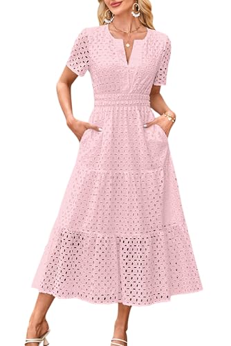VEVESMUNDO Damen Baumwolle Sommerkleid Freizeitkleid Blusenkleid A-Linie Kleider Casual Kurzarm Langes Kleid mit Taschen (Rosa,XXL) von VEVESMUNDO