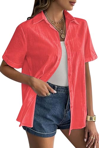 VEVESMUNDO Damen Blusen Kurzarm Sommer Leinenbluse Hemdbluse Sommerblusen Baumwolle Leinen Shirt Oberteil Tops Gr.38 40 42 44 46 48 (Wassermelone Rot,3XL) von VEVESMUNDO