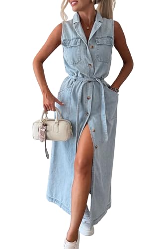 VEVESMUNDO Damen Denim ärmellose Jeanskleid Sommerkleid Hemdkleid Sommer Kleid Weich Denimkleid Hemdblusenkleid mit Knopfleiste Gr.36 38 40 42 (Hellblau,L) von VEVESMUNDO