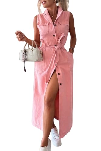 VEVESMUNDO Damen Denim ärmellose Jeanskleid Sommerkleid Hemdkleid Sommer Kleid Weich Denimkleid Hemdblusenkleid mit Knopfleiste Gr.36 38 40 42 (Rosa,XL) von VEVESMUNDO