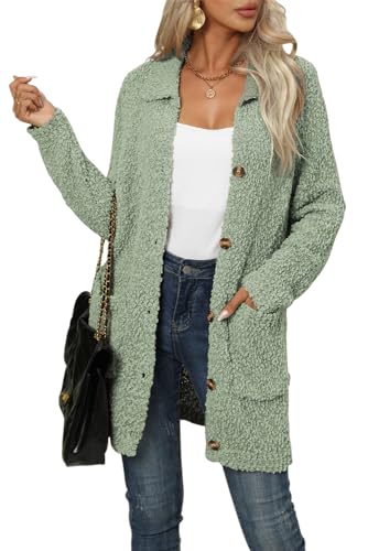 VEVESMUNDO Damen Flauschig Jacke Fleece Cardigan Popcorn Grobstrick Strickcardigan Strickmantel Strickjacke mit Stehkragen Taschen Knöpfen Gr 38 40 42 44 (Grün, M) von VEVESMUNDO