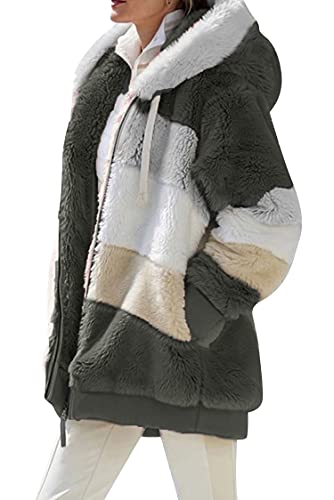 VEVESMUNDO Damen Fleecejacke Plüschjacke Kunstpelzjacke Kapuzenjacke Strickjacke Faux Fur Pelzmantel Reißverschluss Teddy Fleece Mantel mit kapuze (Armeegrün, 8XL) von VEVESMUNDO