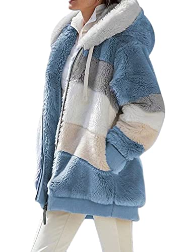 VEVESMUNDO Damen Fleecejacke Plüschjacke Kunstpelzjacke Kapuzenjacke Strickjacke Faux Fur Pelzmantel Reißverschluss Teddy Fleece Mantel mit kapuze (Blau, 2XL) von VEVESMUNDO