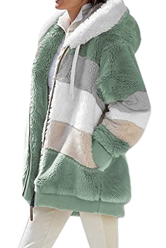 VEVESMUNDO Damen Fleecejacke Plüschjacke Kunstpelzjacke Kapuzenjacke Strickjacke Faux Fur Pelzmantel Reißverschluss Teddy Fleece Mantel mit kapuze (Grün, S) von VEVESMUNDO