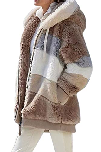 VEVESMUNDO Damen Fleecejacke Plüschjacke Kunstpelzjacke Kapuzenjacke Strickjacke Faux Fur Pelzmantel Reißverschluss Teddy Fleece Mantel mit kapuze (Khaki, 7XL) von VEVESMUNDO