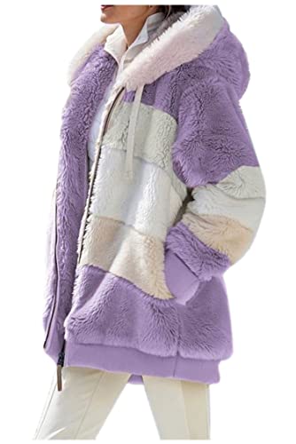 VEVESMUNDO Damen Fleecejacke Plüschjacke Kunstpelzjacke Kapuzenjacke Strickjacke Faux Fur Pelzmantel Reißverschluss Teddy Fleece Mantel mit kapuze (Lila, L) von VEVESMUNDO