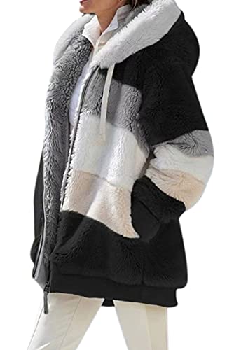 VEVESMUNDO Damen Fleecejacke Plüschjacke Kunstpelzjacke Kapuzenjacke Strickjacke Faux Fur Pelzmantel Reißverschluss Teddy Fleece Mantel mit kapuze (Schwarz, 3XL) von VEVESMUNDO