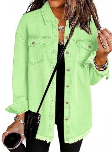 VEVESMUNDO Damen Hemdjacke Jeansjacke Knopfleiste Denim Hemd Cardigan Shacket Jacke für Frühling Herbst Winter (Apfelgrün, XL) von VEVESMUNDO