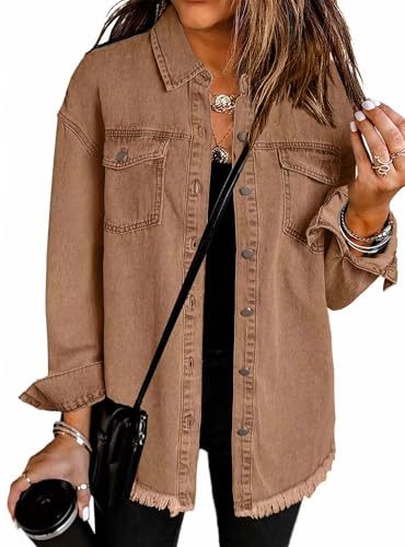 VEVESMUNDO Damen Hemdjacke Jeansjacke Knopfleiste Denim Hemd Cardigan Shacket Jacke für Frühling Herbst Winter (Braun, L) von VEVESMUNDO