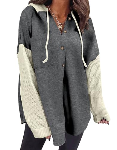 VEVESMUNDO Damen Hoodie Jacke Kapuzenpullover Kapuzenjacke Sweatjacke Langarm Tops Oberteile Casual Locker Pullover mit Kapuze Knopfleiste (Dunkelgrau, L) von VEVESMUNDO