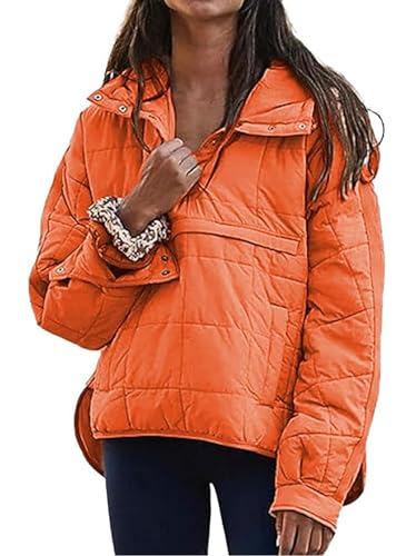 VEVESMUNDO Damen Stepppullover Quilted Puffer Pullover Hoodie Kapuzenpullover Oversized Leicht Warm Hoodies Winterpullover mit Kapuze (Orange, XL) von VEVESMUNDO