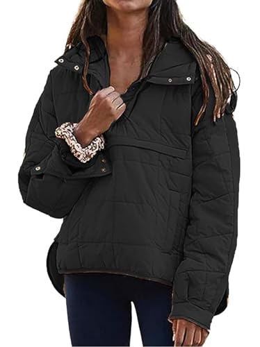 VEVESMUNDO Damen Stepppullover Quilted Puffer Pullover Hoodie Kapuzenpullover Oversized Leicht Warm Hoodies Winterpullover mit Kapuze (Schwarz, S) von VEVESMUNDO