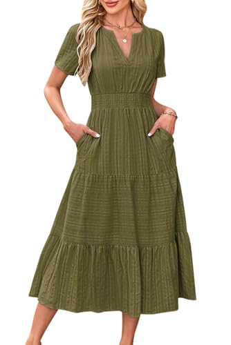 VEVESMUNDO Damen Kurzarm Sommerkleid Baumwolle Casual A-Linie Kleider Rundhals Freizeitkleid Leinenkleid Langes Kleid mit Taschen (Armeegrün,S) von VEVESMUNDO