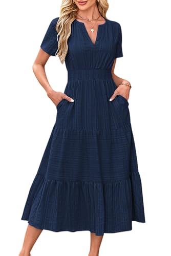 VEVESMUNDO Damen Kurzarm Sommerkleid Baumwolle Casual A-Linie Kleider Rundhals Freizeitkleid Leinenkleid Langes Kleid mit Taschen (Dunkelblau,S) von VEVESMUNDO