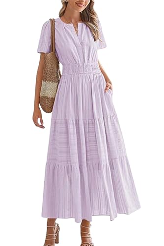 VEVESMUNDO Damen Kurzarm Sommerkleid Baumwolle Casual A-Linie Kleider Rundhals Freizeitkleid Leinenkleid Langes Kleid mit Taschen (Hellviolett,L) von VEVESMUNDO