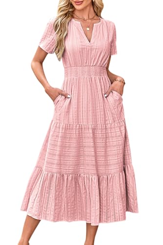 VEVESMUNDO Damen Kurzarm Sommerkleid Baumwolle Casual A-Linie Kleider Rundhals Freizeitkleid Leinenkleid Langes Kleid mit Taschen (Rosa,S) von VEVESMUNDO
