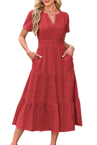 VEVESMUNDO Damen Kurzarm Sommerkleid Baumwolle Casual A-Linie Kleider Rundhals Freizeitkleid Leinenkleid Langes Kleid mit Taschen (Rot,S) von VEVESMUNDO