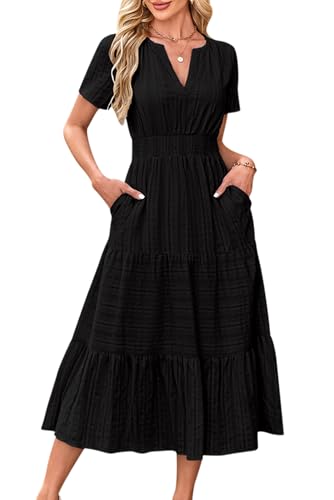 VEVESMUNDO Damen Kurzarm Sommerkleid Baumwolle Casual A-Linie Kleider Rundhals Freizeitkleid Leinenkleid Langes Kleid mit Taschen (Schwarz,XL) von VEVESMUNDO