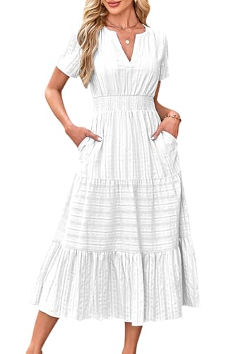 VEVESMUNDO Damen Kurzarm Sommerkleid Baumwolle Casual A-Linie Kleider Rundhals Freizeitkleid Leinenkleid Langes Kleid mit Taschen (Weiß,M) von VEVESMUNDO