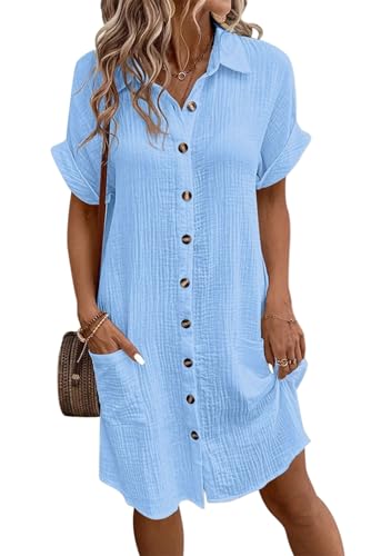 VEVESMUNDO Damen Kurzarm Sommerkleid Blusenkleid Baumwolle Leinen Musselin Kleid Leinenkleid Strandkleid Hemdkleid Casual Knielang Kleider mit Taschen (Blau,S,DE 36) von VEVESMUNDO