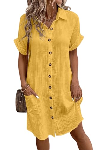 VEVESMUNDO Damen Kurzarm Sommerkleid Blusenkleid Baumwolle Leinen Musselin Kleid Leinenkleid Strandkleid Hemdkleid Casual Knielang Kleider mit Taschen (Gelb,XL,DE 42) von VEVESMUNDO